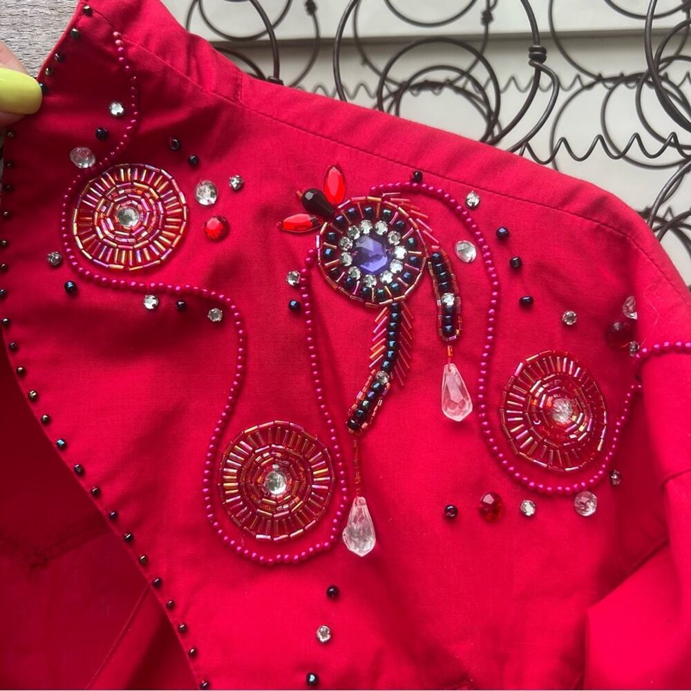 Vintage 90s Wrangler Red cape beaded sweetheart neckline western shirt M/L? - Picture 2 of 9
